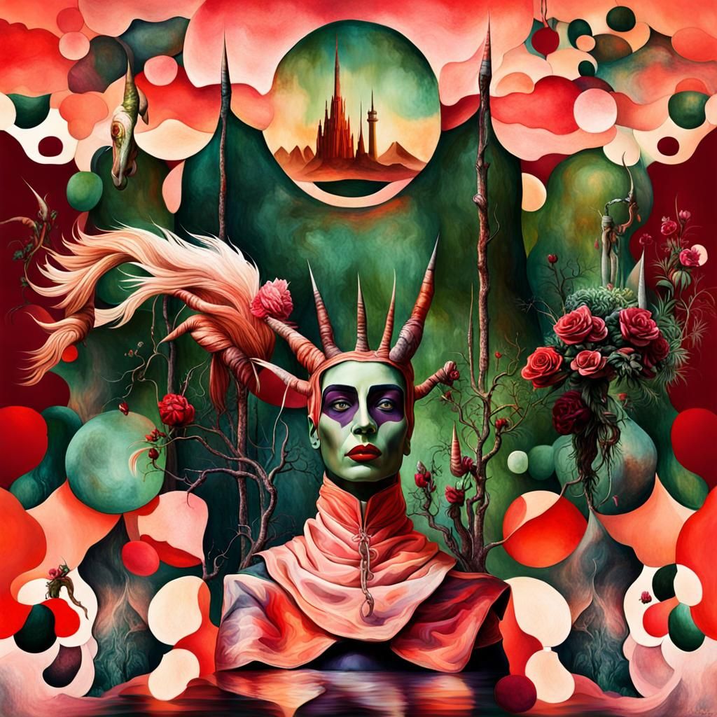 Two yellow elves with lapiz lazuli psilocybe clock heads, Mescaline and DMT art, Hyeronimus BOSCH, H.R. GIGER, M.C. ESCH...