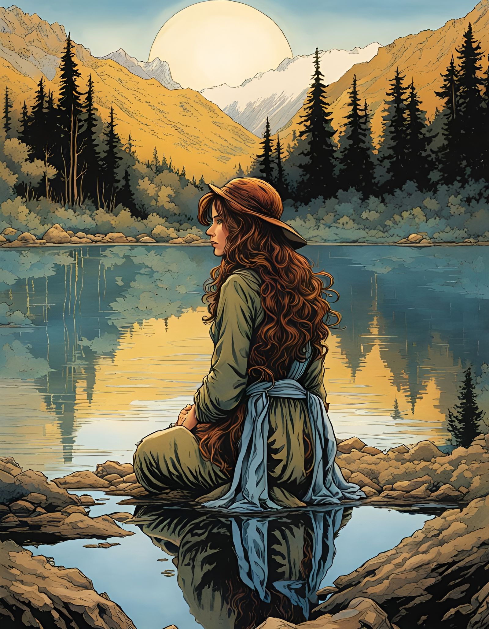 Exhausted Adventurer Reflecting by Lake