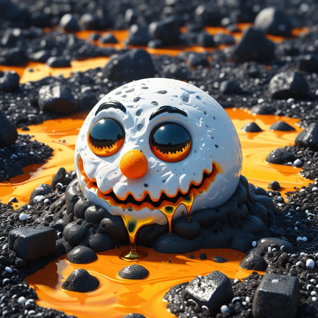 Evil Snowman Melts on Sunny Beach in Surreal Oil Painting