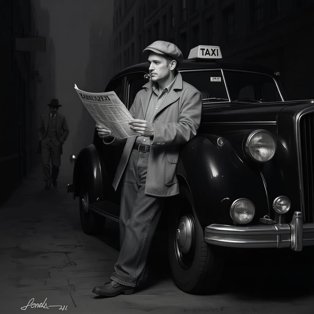 1930s Taxi Driver in Charcoal Drawing Style