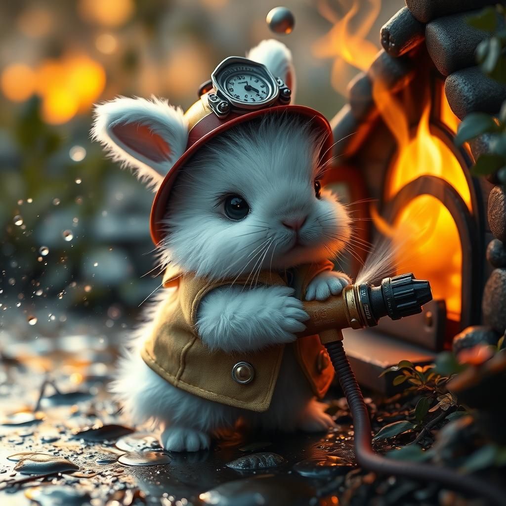 Rabbit Firefighter Sprays Burning Fairy House