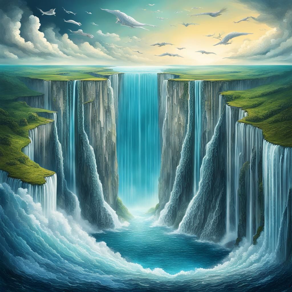 Surreal Sea Divided by Silver Waterfall