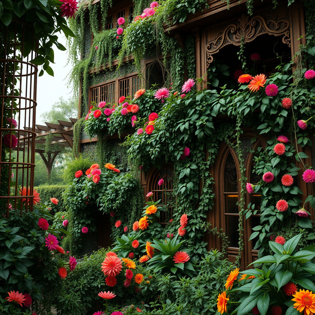 Greenery Overrun Hotel with Flower Plants and Cages