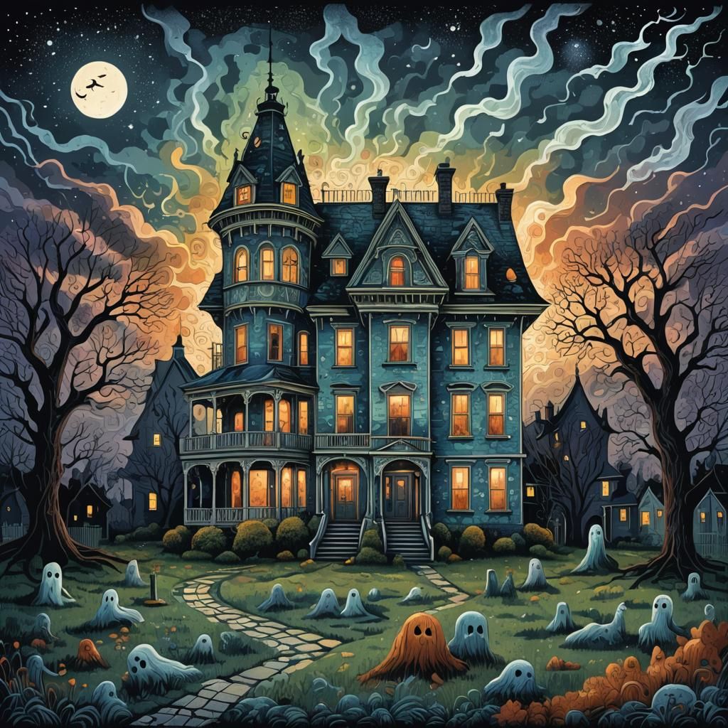 Haunted House Illustration in Pointillism Style