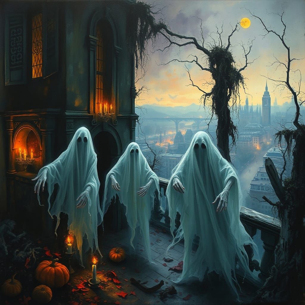 Ethereal Ghosts in Decaying Mansion as Impasto Oil Painting