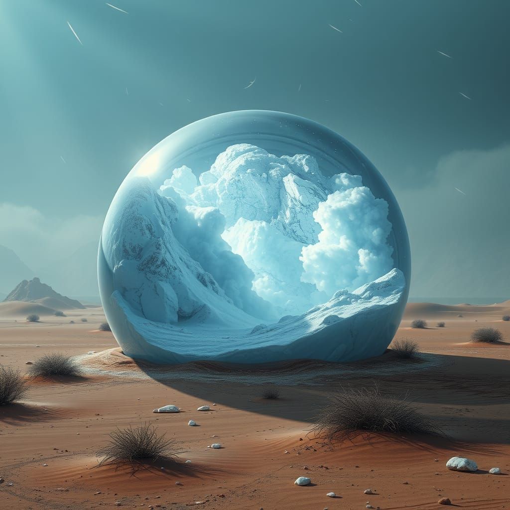 Glass Sphere Encasing Winter Storm in Desert