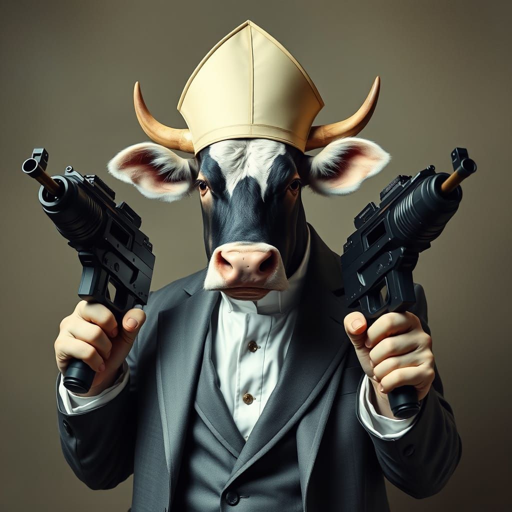 Surreal Cow Pope with Submachine Guns