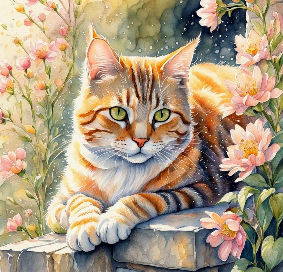 Tabby Cat and Kitten in Watercolor Garden Scene