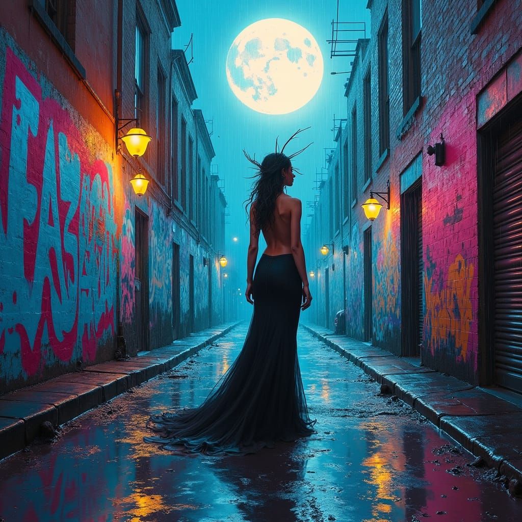 Mystical Woman in Rainy Graffiti Street Art