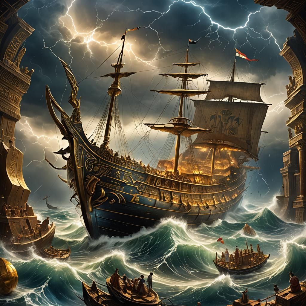 Glass Egyptian Ship in Tempestuous Storm, Ethereal Concept A...