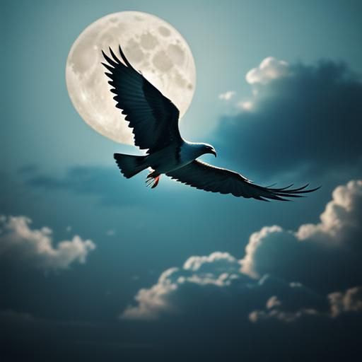 Bird Flying Before Full Moon Behind Clouds