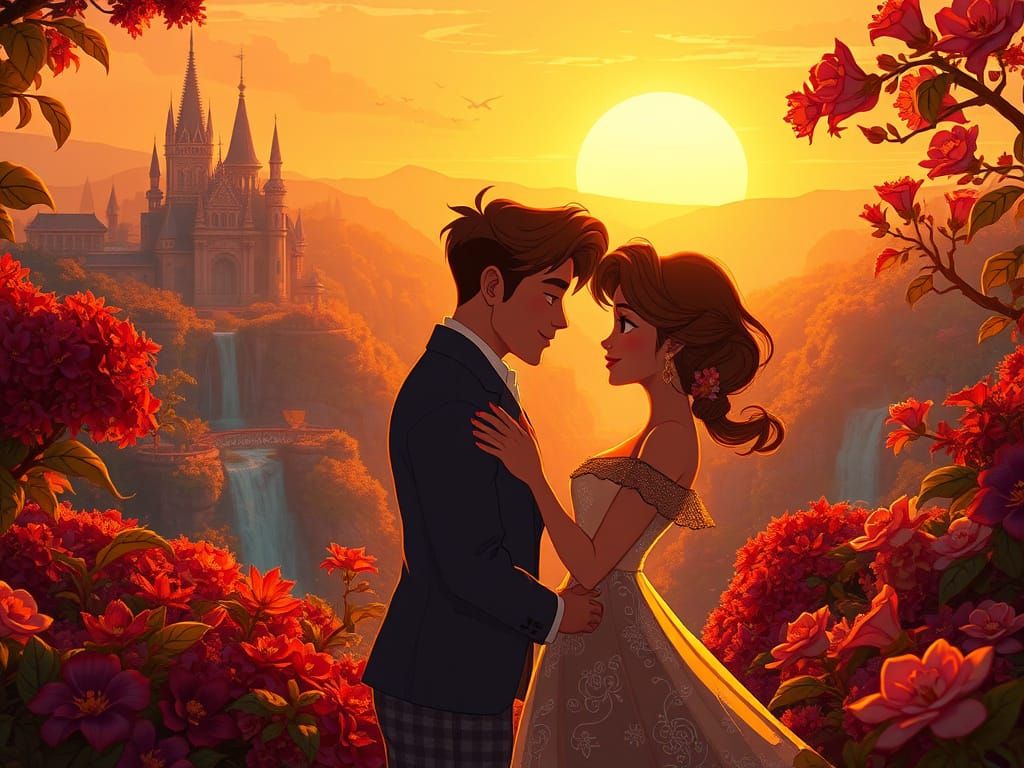 Ethereal Sunrise Castle Scene in Disney-Inspired Cartoon Sty...