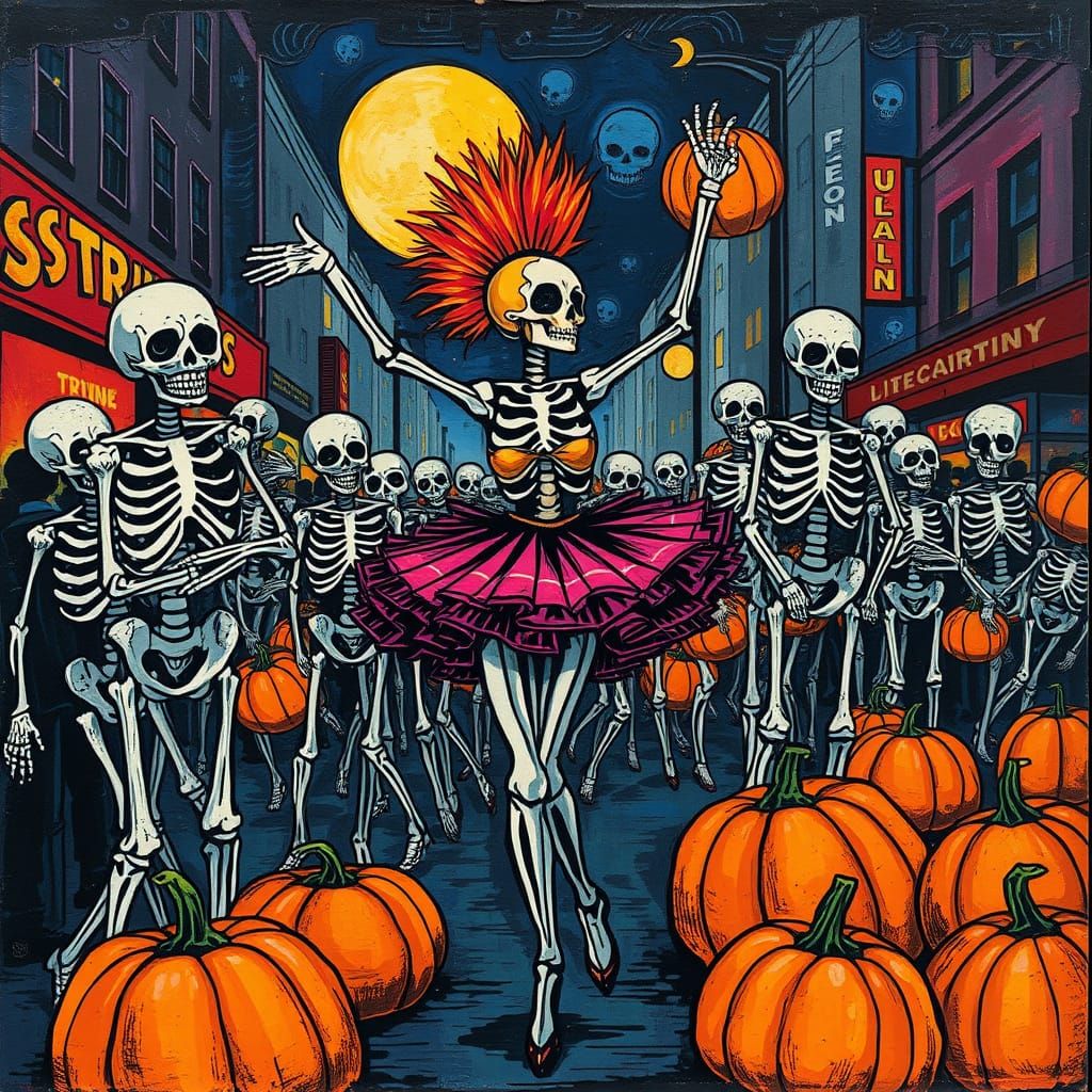 Skeletons in Pop Art Parade with Steampunk Influence