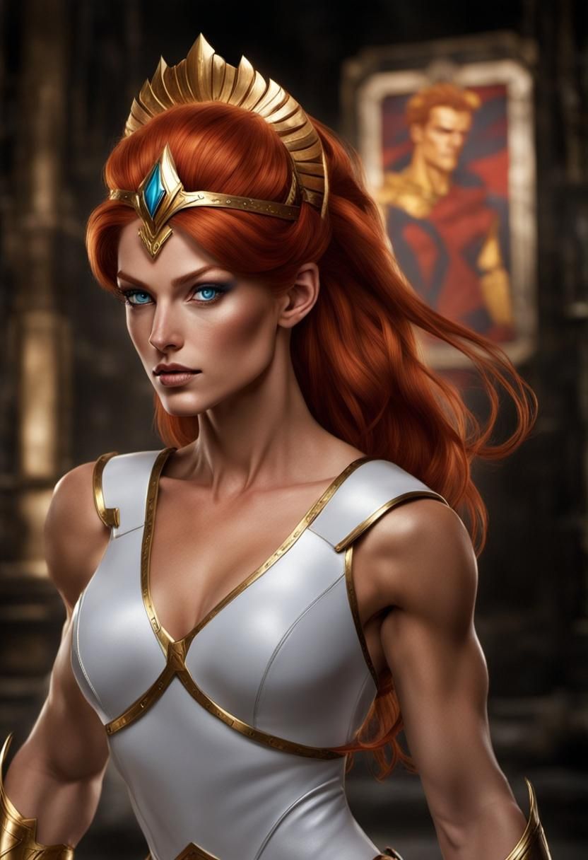 Teela: Red-Haired Warrior in White and Gold Armor