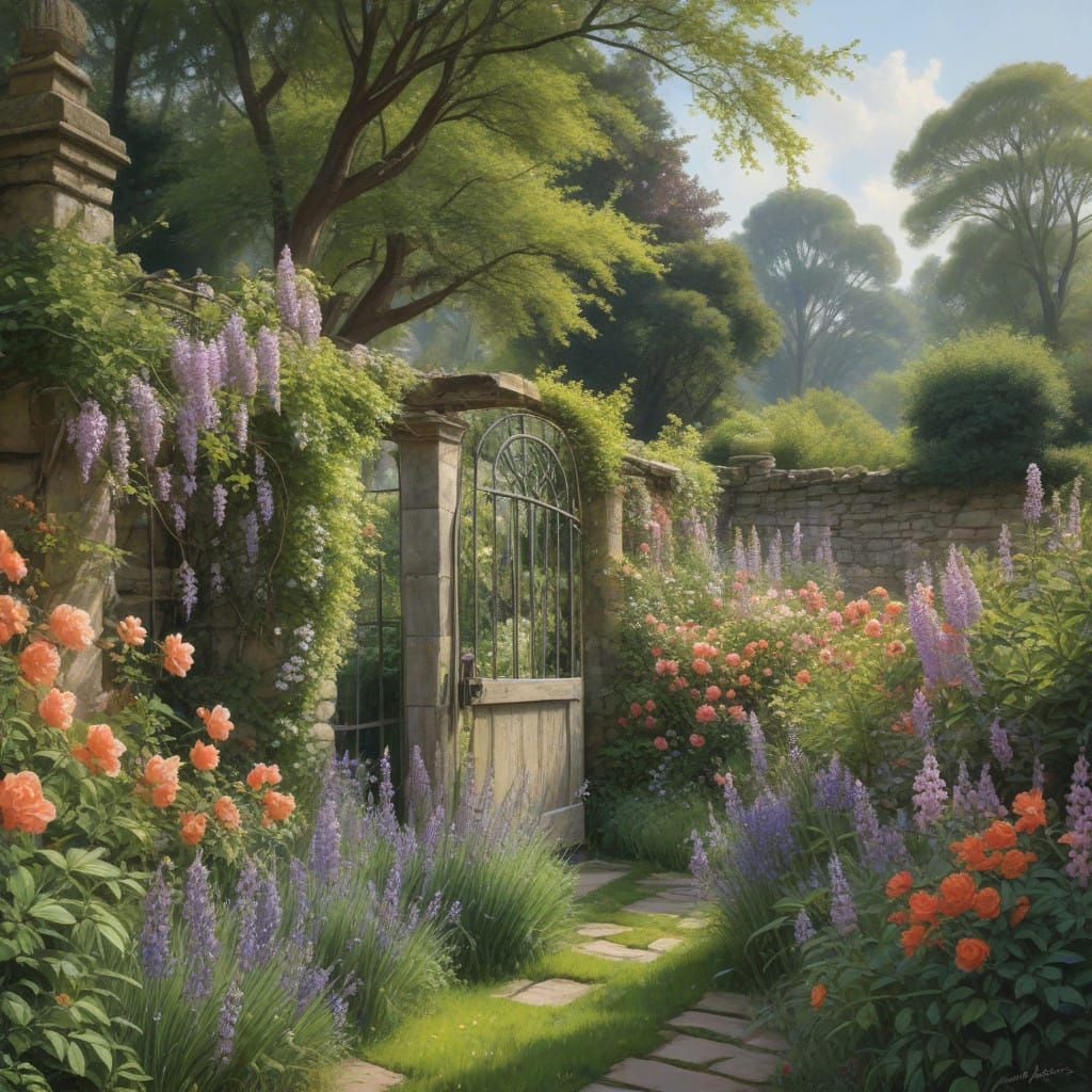 English Garden in Whimsical Impressionist Style
