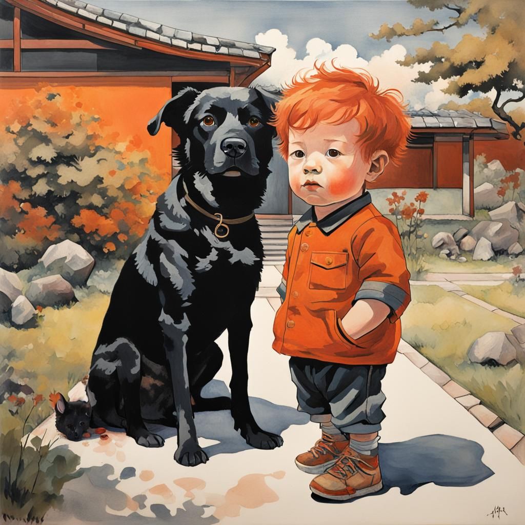 Redhead Boy and Black Dog Play in Yard