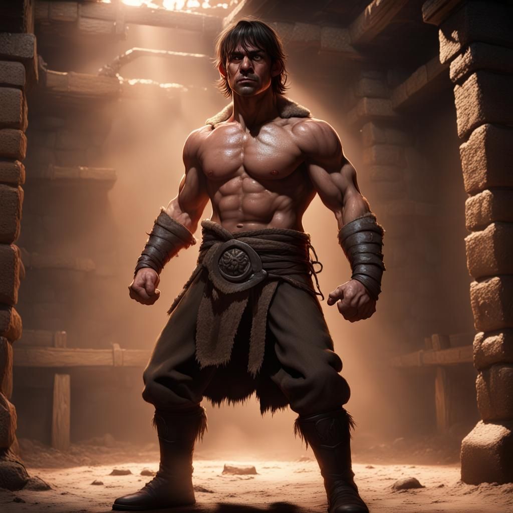 Muscular Halfling Fighter in Dark Fantasy Style