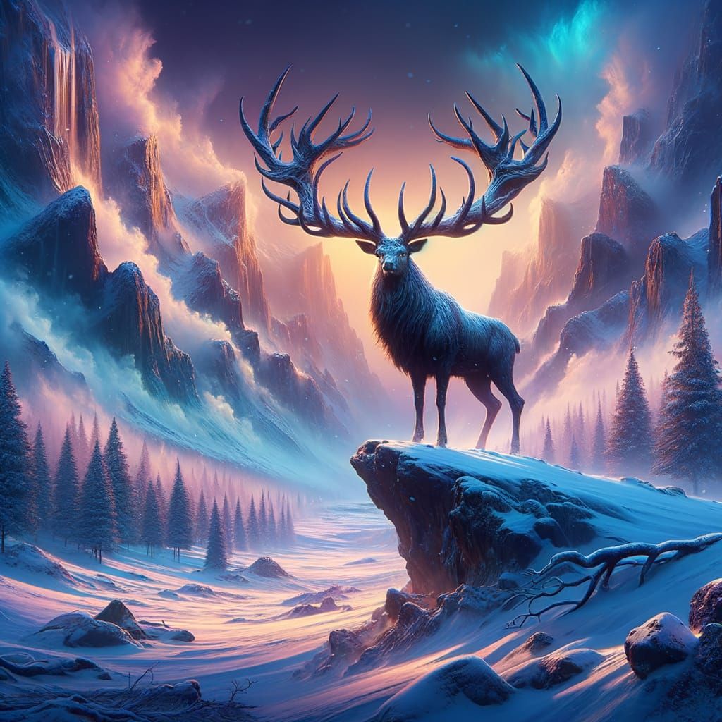 Majestic Stag in Snow Landscape, Matte Painting