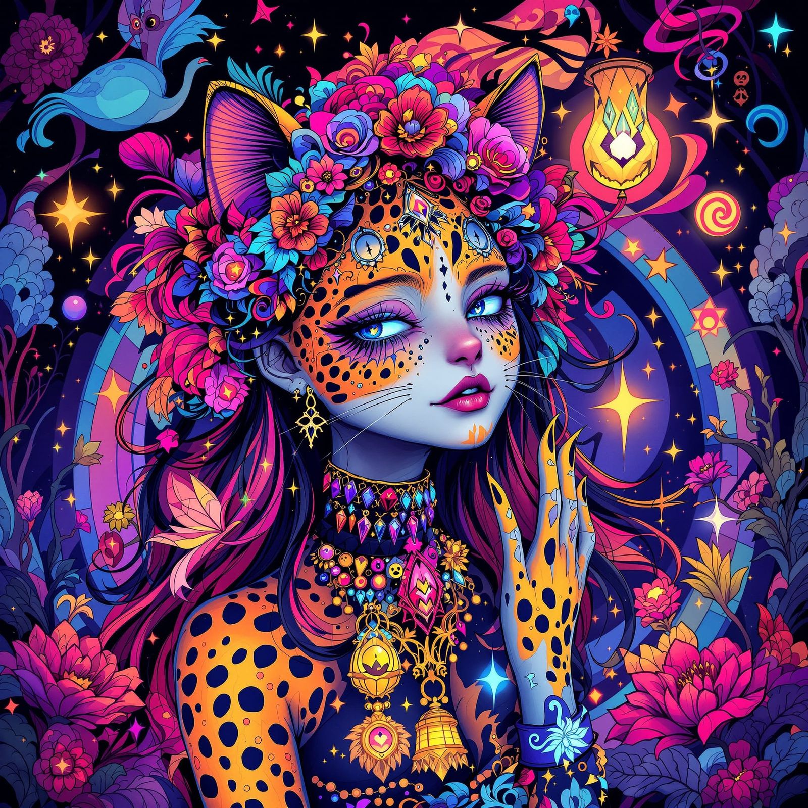 Whimsical Goth Cheetah Cat Woman in Vibrant Cutecore Style