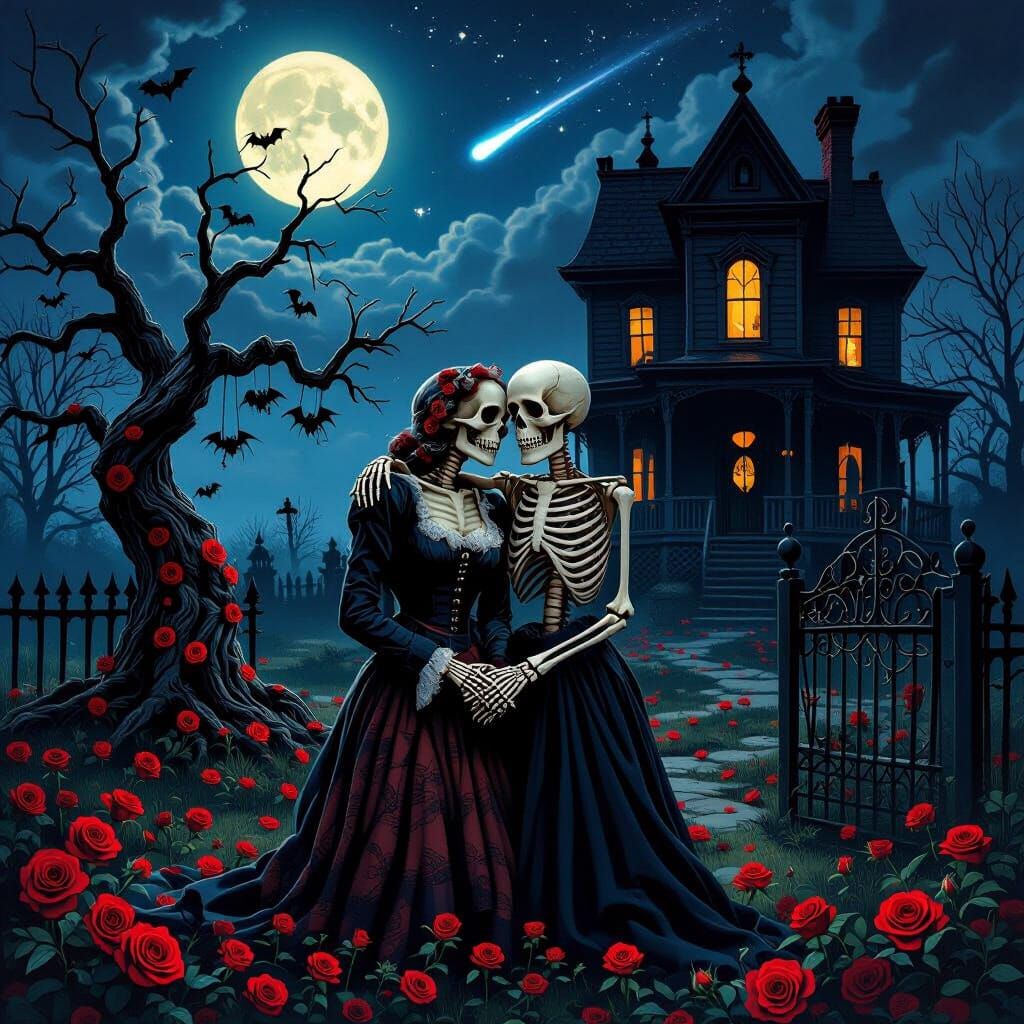 Romantic Skeletons in Haunted Graveyard Under Moonlit Sky