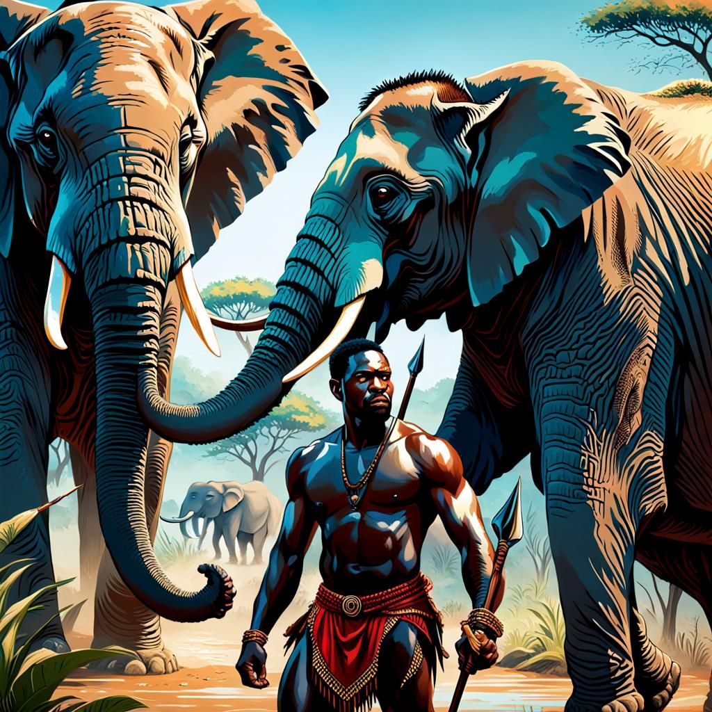 African Spearman with Elephant: Hyperrealistic Concept Art