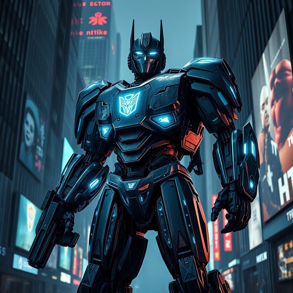 Cyberpunk Transformer Enforcer Stands Vigil in Dystopian Cit...