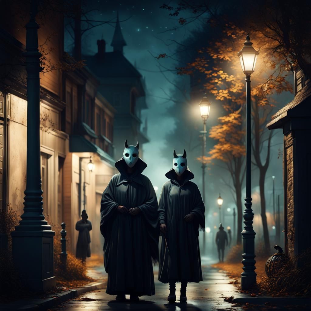 Hyperrealistic Halloween Streetlight Scene at Night