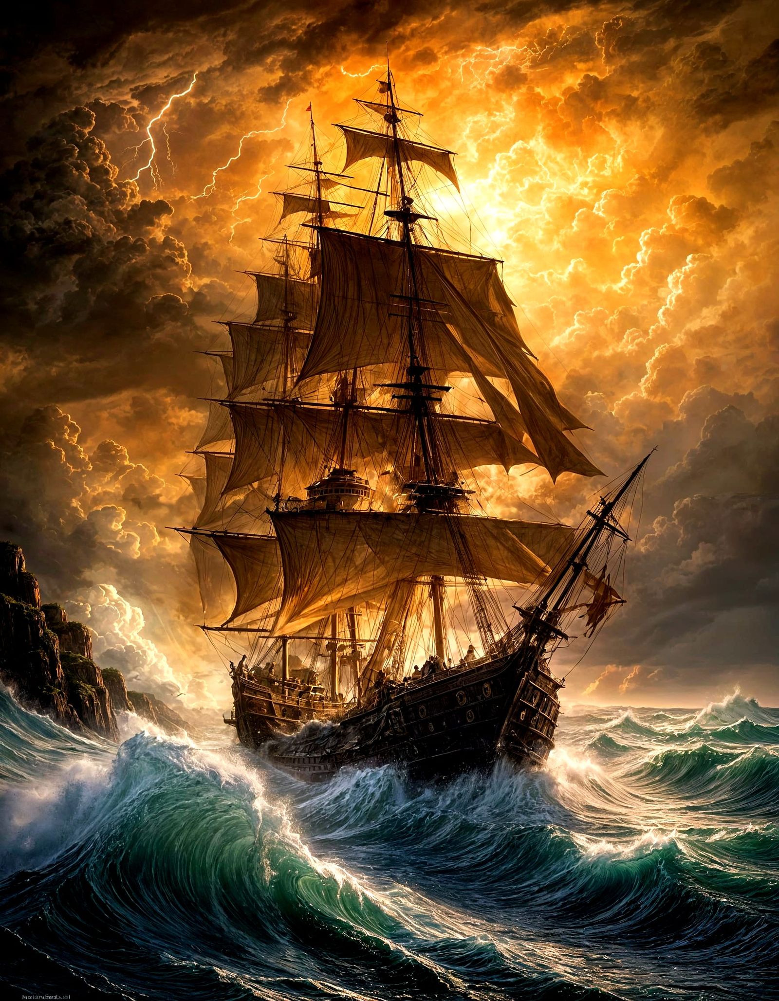 A towering Spanish galleon battling a dark, storm-tossed sea