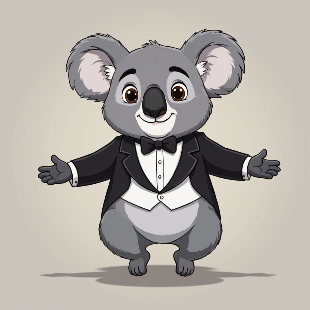 Cartoon Koala Butler Floating in Disney Animation Style