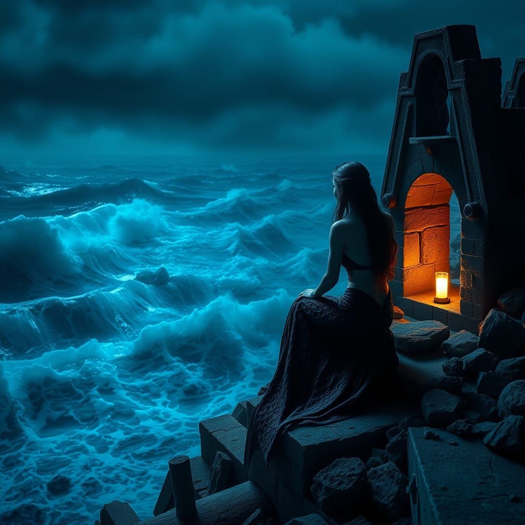 Ethereal Goth Mermaid Amidst Ruins and Turbulent Ocean