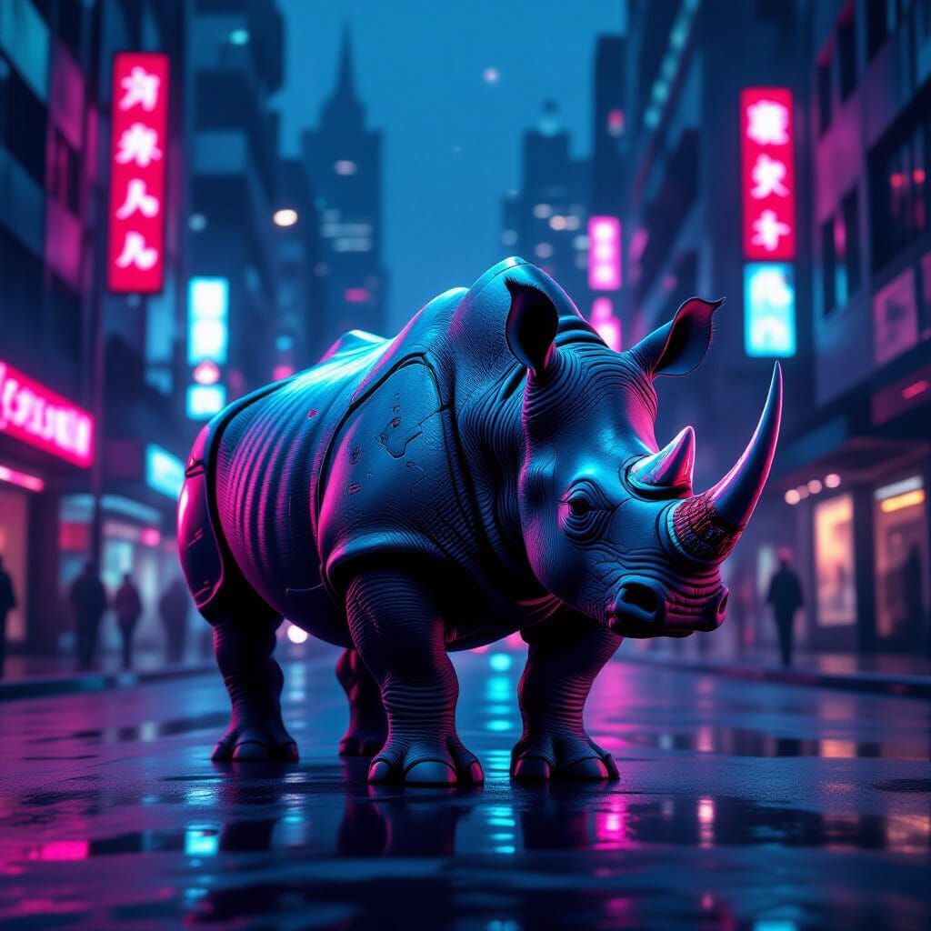 Cyberpunk Rhino in Neon Cityscape
