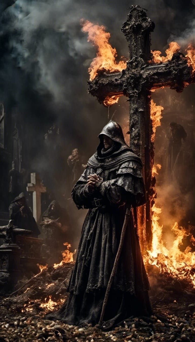 Knight Praying Before Burning Cross in Dark Fantasy