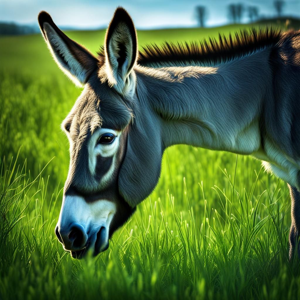 Donkey in a Hyperrealistic Green Pasture Landscape
