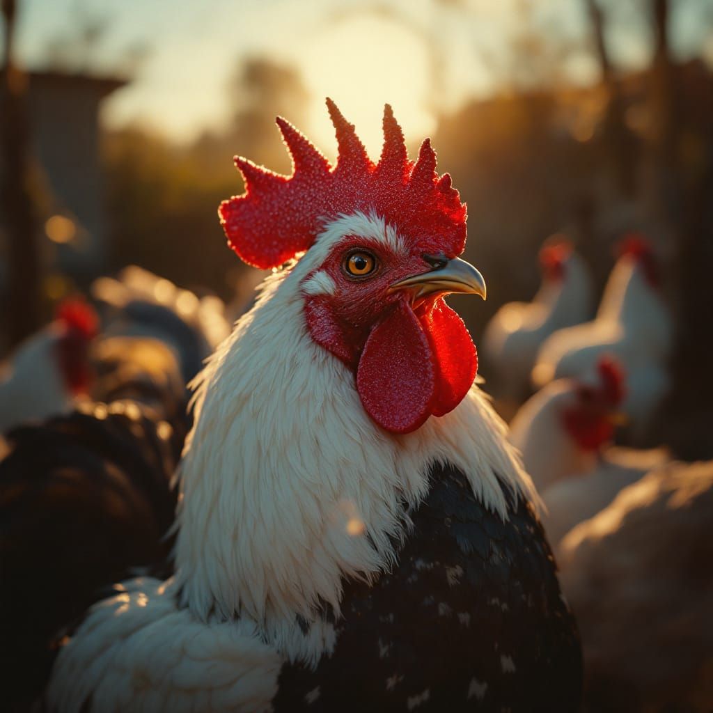 Rooster in Barnyard with Glamorous Retro-Modern Allure