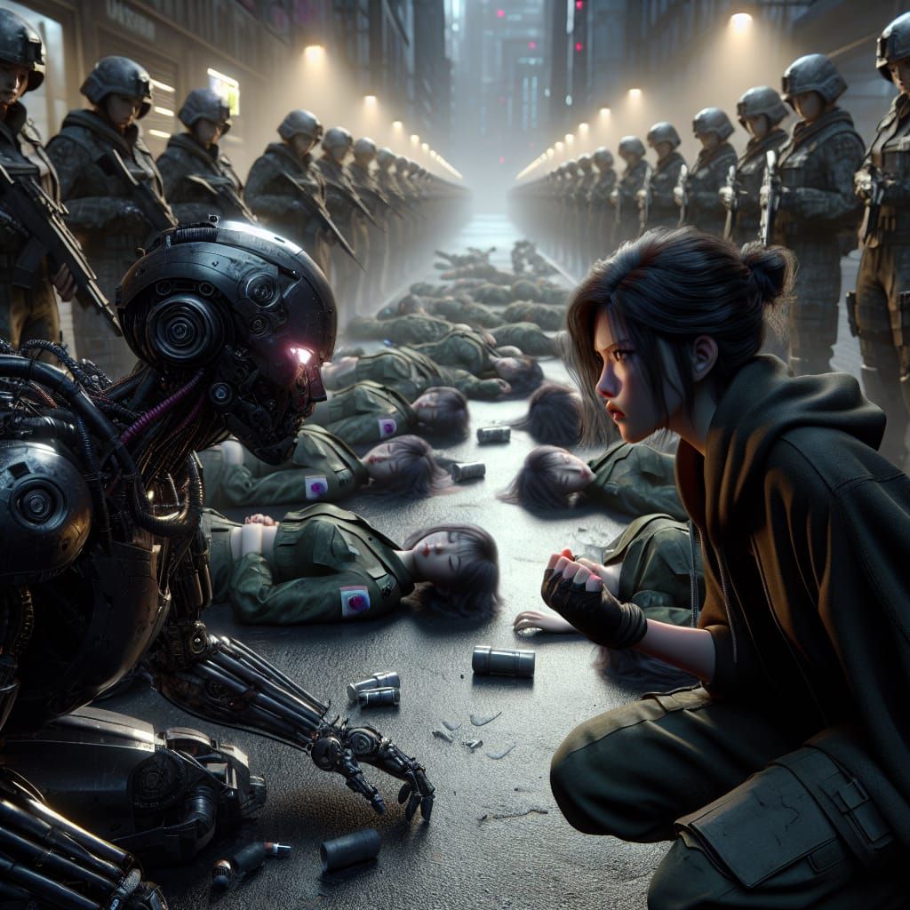 Defiant Woman Stares Down Hypnotist Robot in Dark Future