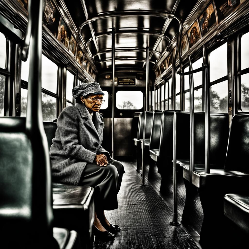 Hyperrealistic Portrait of Rosa Parks on Bus