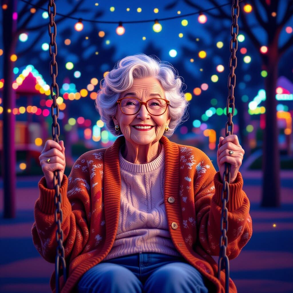 Grandmother on a Neon-Lit Swing, Hyperrealistic Digital Art