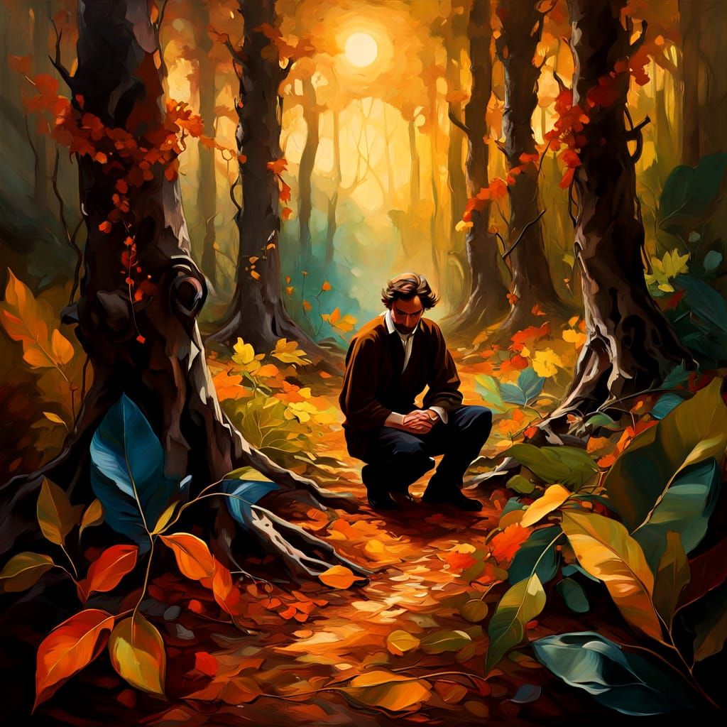 Triadic Colors Evoke Mystical Rebirth in Golden Hour Forest