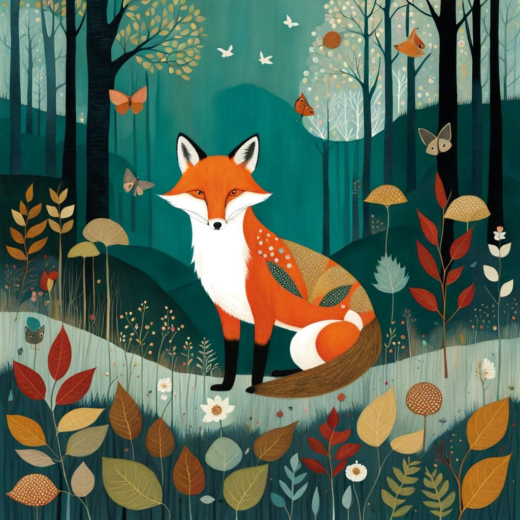Autumn Fox in Forest Illustration with Gold Accents