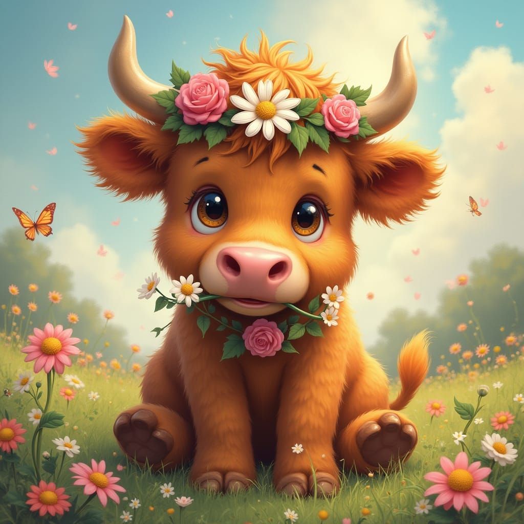 Highland Calf, Daisies