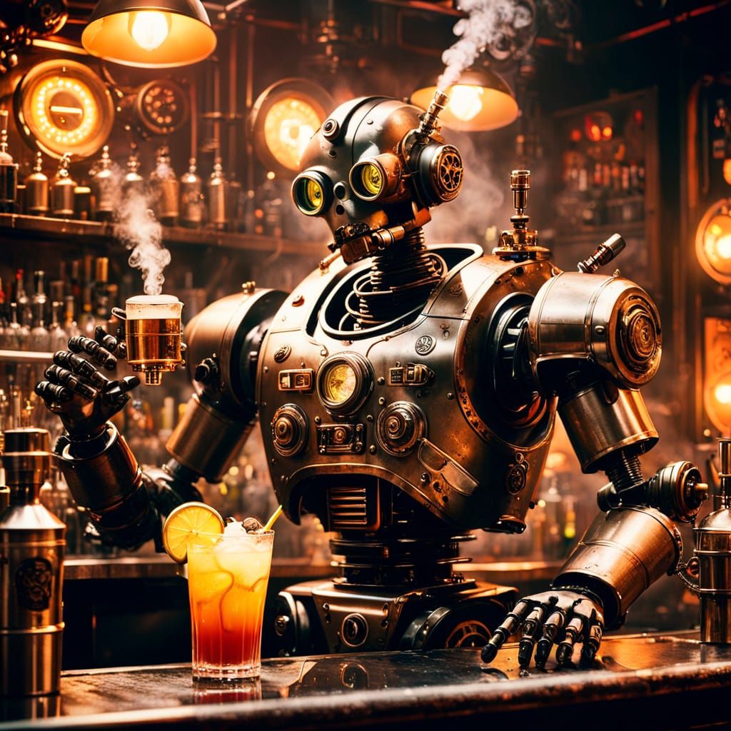 Steampunk Robot Bartender in Smoky, Neon-Lit Bar