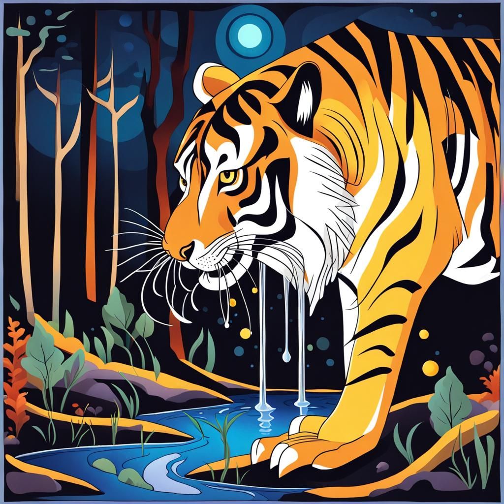 Bengal Tiger in Night Forest, Abstract Style