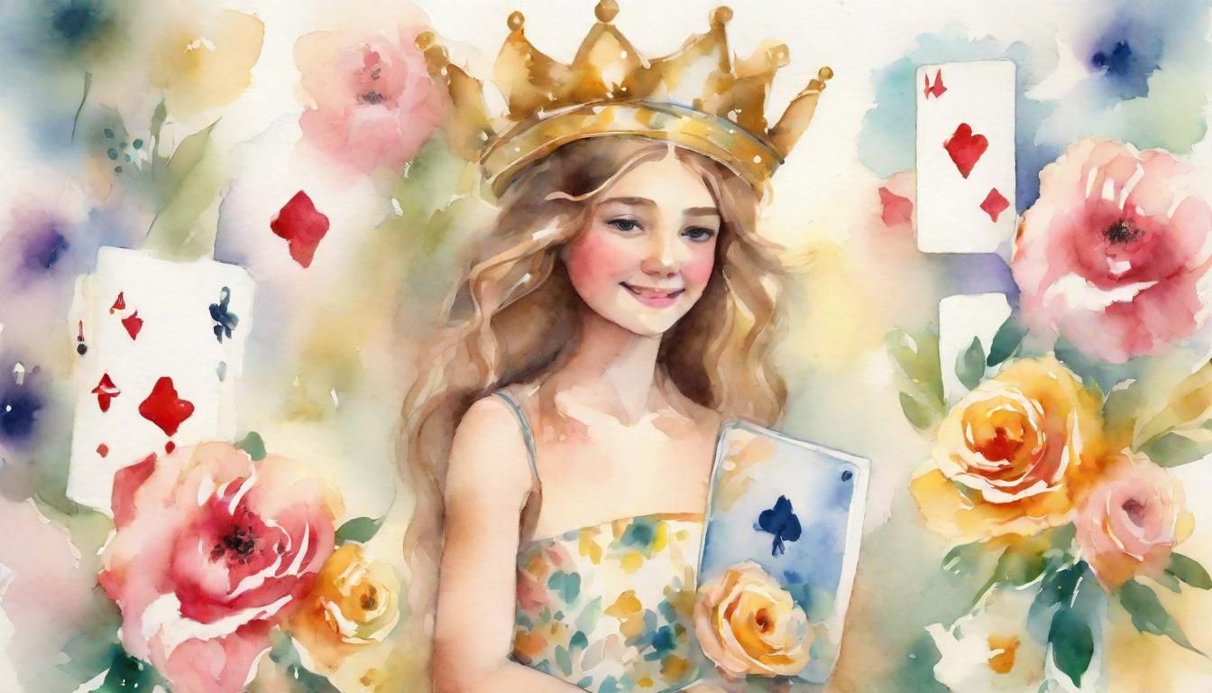 Whimsical Watercolor Portrait of Girl with Playing Cards