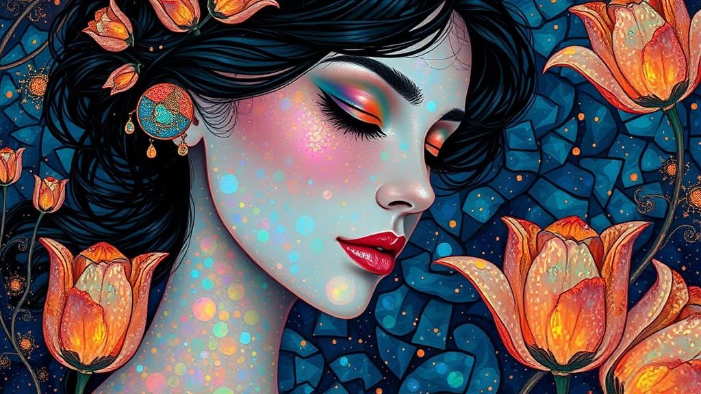 Ethereal Goddess of Iridescent Opal and Whirling Tulips