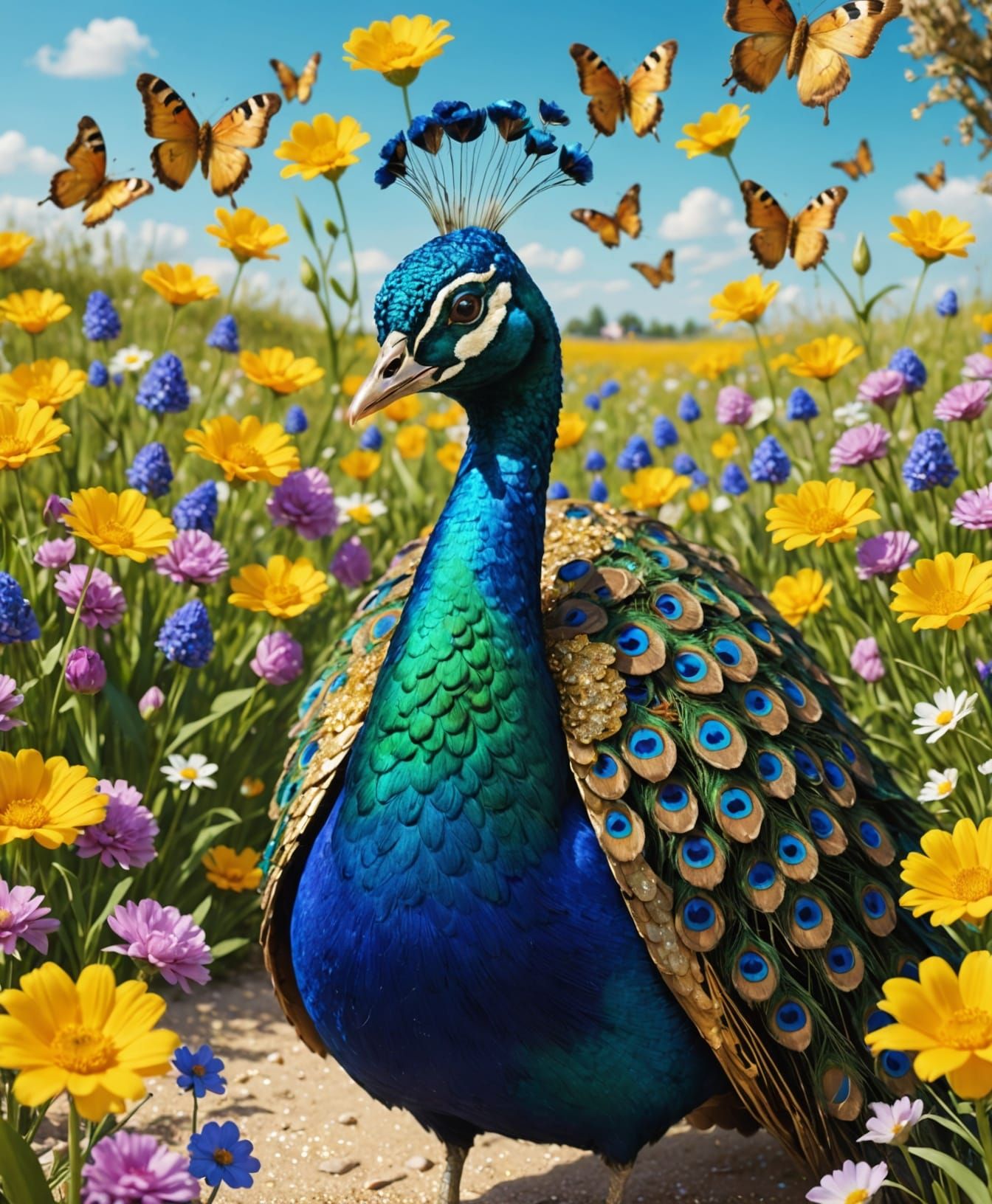 Vibrant Peacock Celebrates Spring in a Whimsical Beach Scene