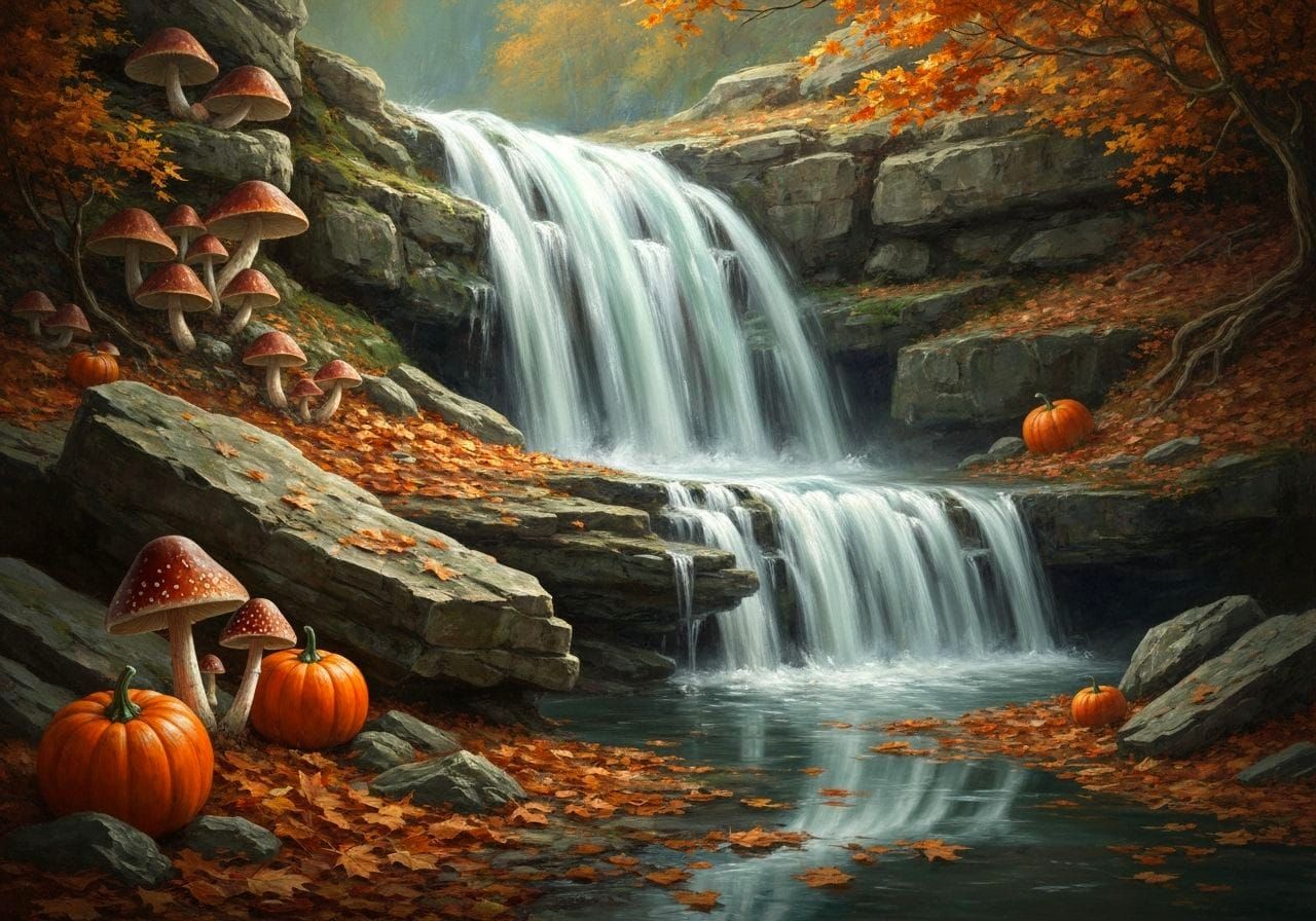 Autumn Waterfall Scene: Masterpiece Oil Painting