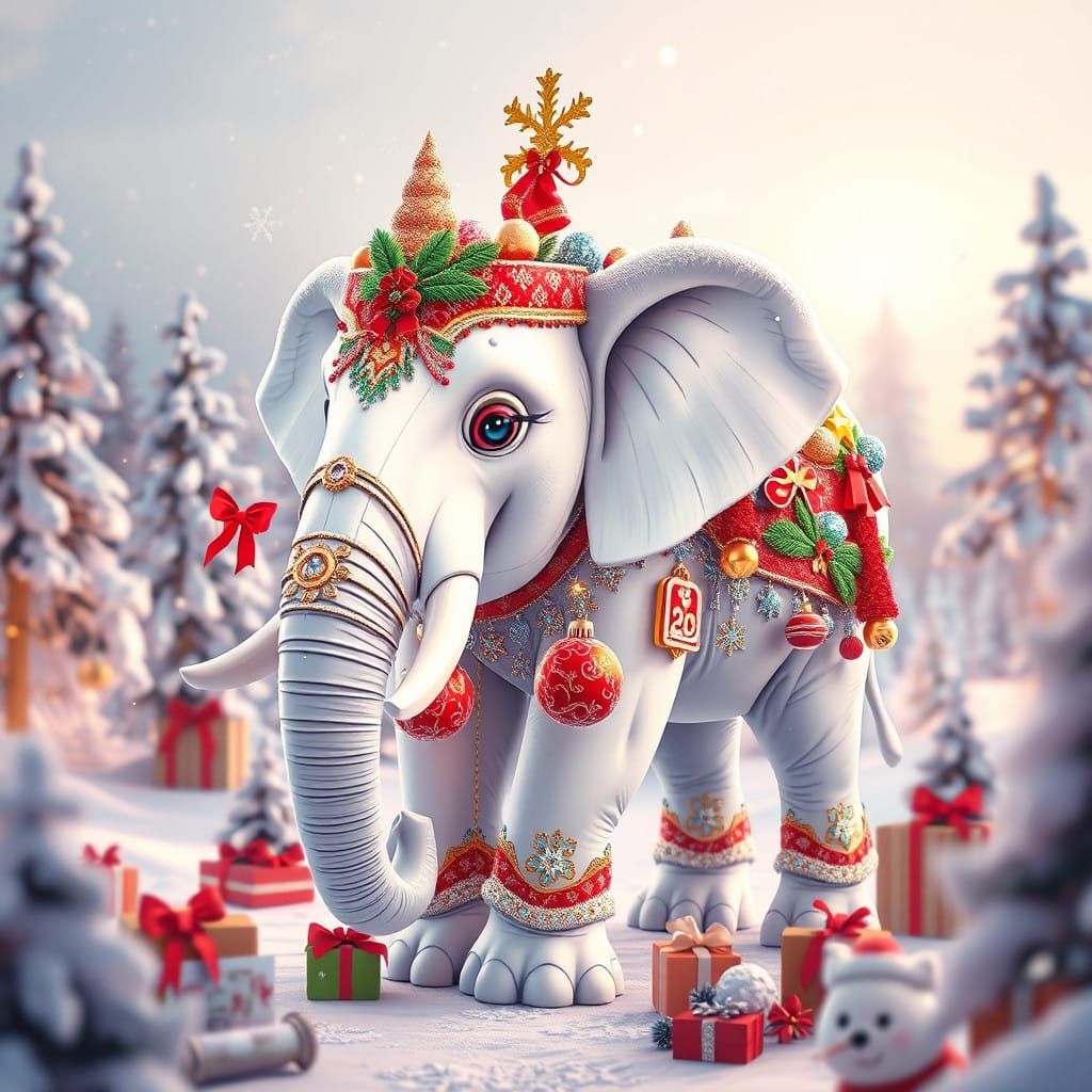 Majestic White Elephant Christmas Scene in Vibrant 3D Anime...