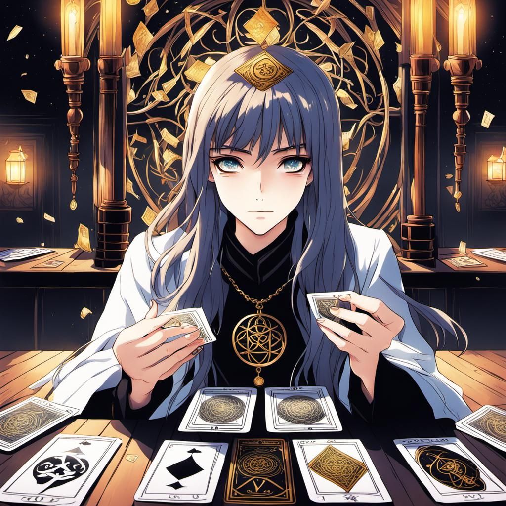 young woman is handling tarot cards, with a (captive look eyes at us:1.7), (like she's hypnotizing us:1.7), by artist "...