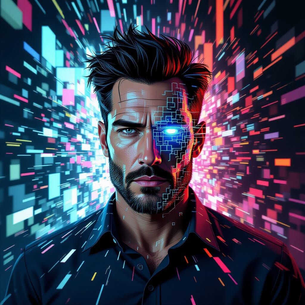 Man Glitching in Digital Cyberpunk World