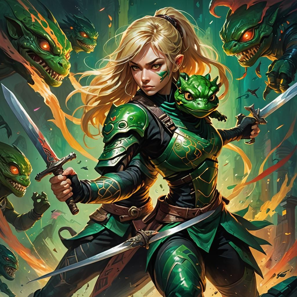 Ninja Warrior Girl Versus Alien Frog in Oil Painting